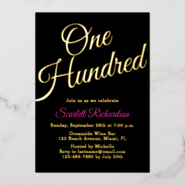 金エレガント箔ピンクブラック100th誕生日パーティー 箔招待状