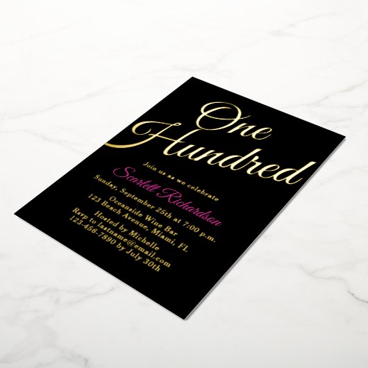 金エレガント箔ピンクブラック100th誕生日パーティー 箔招待状 (回転した状態)