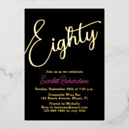 金エレガント箔ピンクブラック80th誕生日パーティー 箔招待状