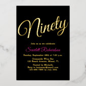 金エレガント箔ピンクブラック90th誕生日パーティー 箔招待状 (正面)