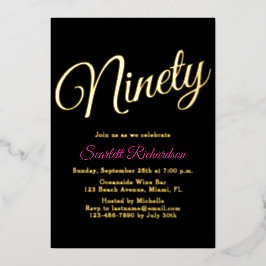 金エレガント箔ピンクブラック90th誕生日パーティー 箔招待状