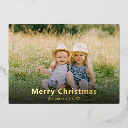 金エレガント箔ファミリー写真 |クリスマス 箔シーズンカード (正面)