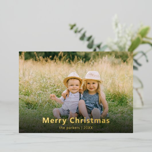 金エレガント箔ファミリー写真 |クリスマス 箔シーズンカード (立ち正面)