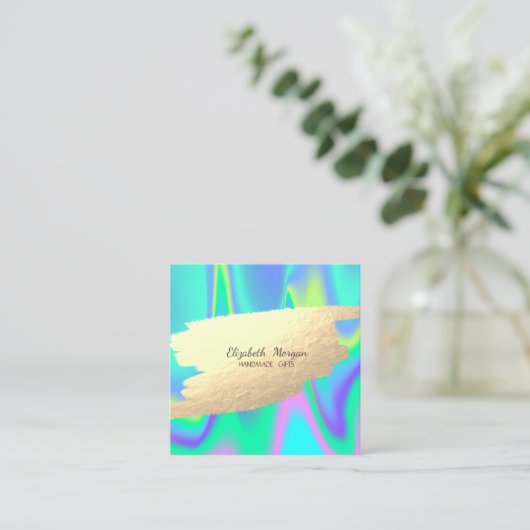 金エレガント箔フェイクブラシ筆跡ホログラフィック スクエア名刺 (スタンド正面)