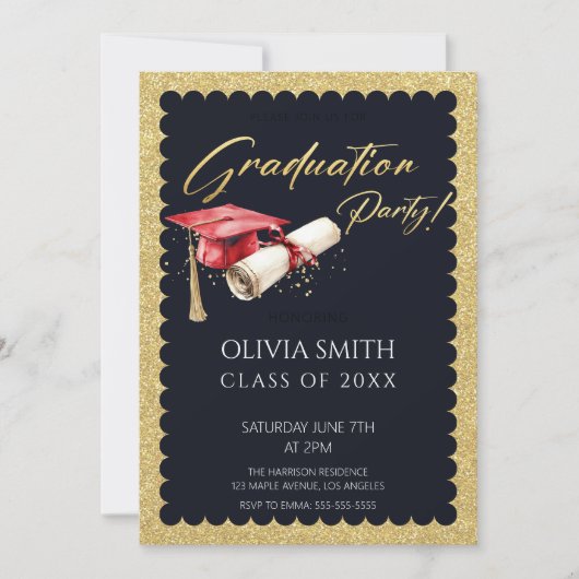 金エレガント箔フェイク卒業パーティー 招待状 (正面)