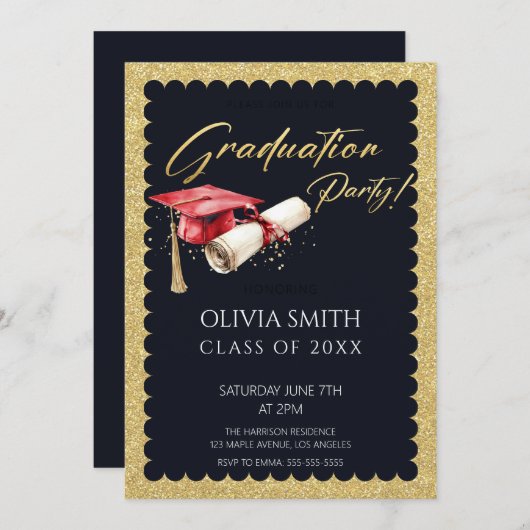 金エレガント箔フェイク卒業パーティー 招待状 (正面/裏面)