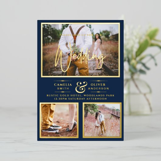 金エレガント箔フォトコラージュNavy Blue結婚's 箔招待状 (立ち正面)