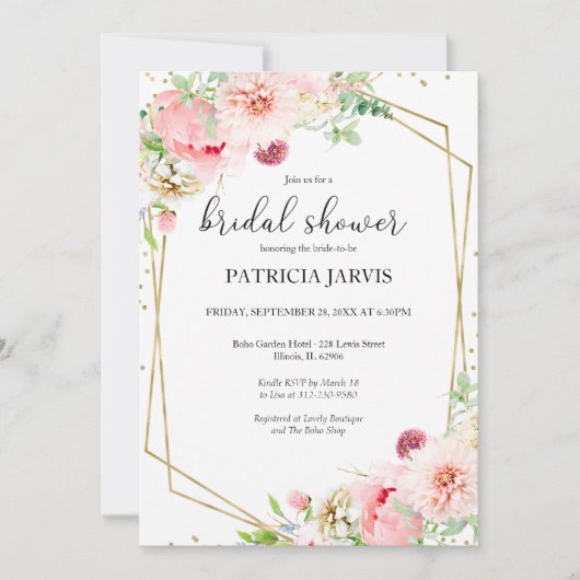 金エレガント箔フローラ幾何学的ブライダルシャワー 招待状 (正面)