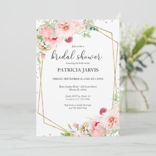 金エレガント箔フローラ幾何学的ブライダルシャワー 招待状 (スタンド正面)