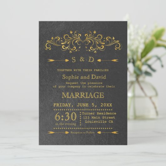 金エレガント箔フローリッシュブラックウェディング招待 招待状 (スタンド正面)