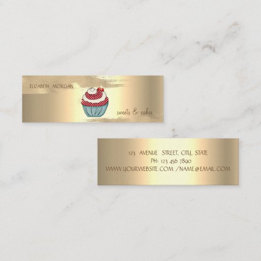 金エレガント箔ブラシストロークカップケーキさくらんぼ スキニー名刺 (正面/裏面)