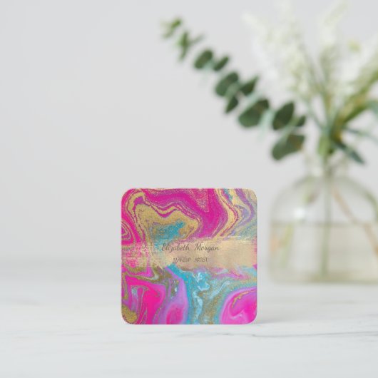 金エレガント箔ブラシストロークカラフル、大理石 スクエア名刺 (スタンド正面)