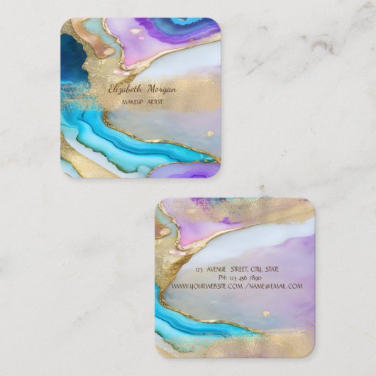 金エレガント箔ブラシストローク、ブルーバイオレット大理石 スクエア名刺 (正面/裏面)