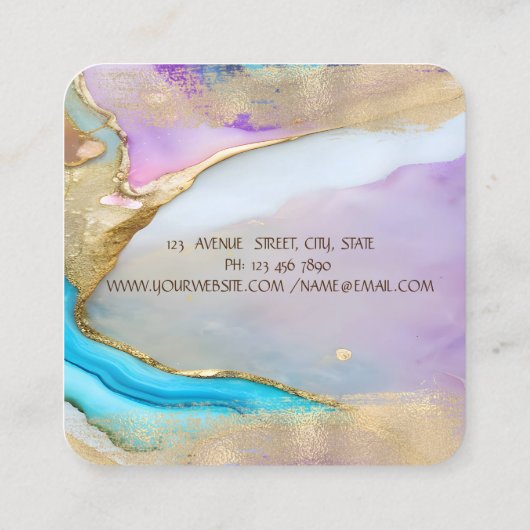 金エレガント箔ブラシストローク、ブルーバイオレット大理石 スクエア名刺 (裏面)
