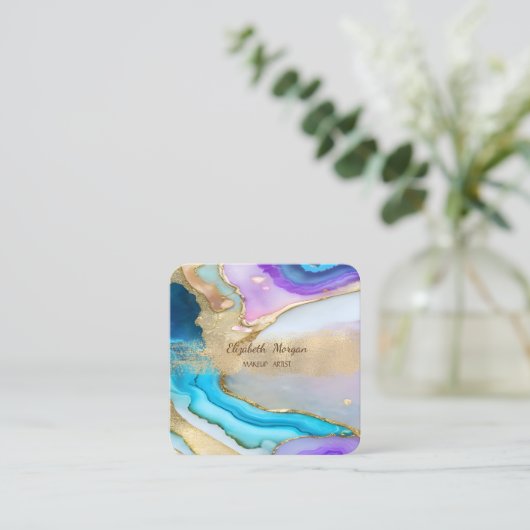 金エレガント箔ブラシストローク、ブルーバイオレット大理石 スクエア名刺 (スタンド正面)