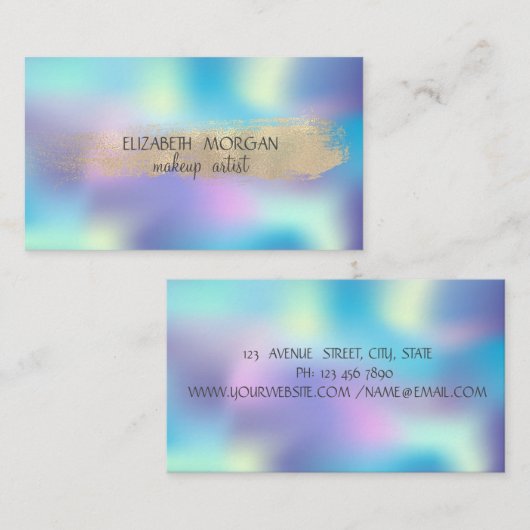 金エレガント箔ブラシストローク、青ホログラフィック 名刺 (正面/裏面)