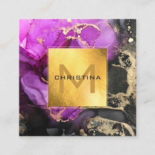 金エレガント箔ブラックとパープルエーテルDIY スクエア名刺 (正面)