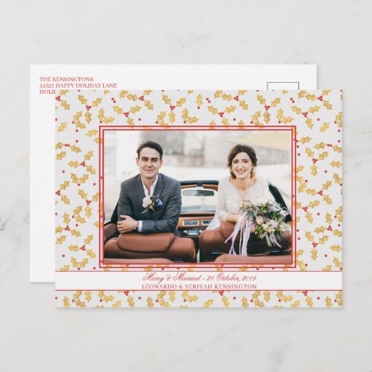 金エレガント箔ホリーメリーク結婚したリスマス シーズンポストカード (正面/裏面)