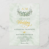 金エレガント箔ユーカリプトゥスモノグラム結婚ズ 箔招待状 (正面)