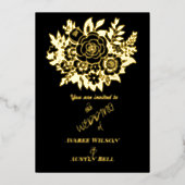 金エレガント箔ローズブーケブラック結婚ズ 箔招待状 (正面)