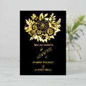 金エレガント箔ローズブーケブラック結婚ズ 箔招待状 (立ち正面)
