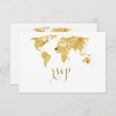 金エレガント箔ワールドマップデスティネーションウェディング 出欠カード (正面/裏面)