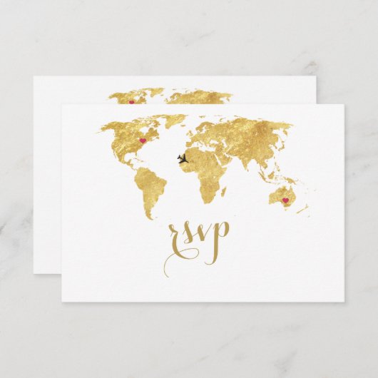 金エレガント箔ワールドマップデスティネーションウェディング 出欠カード (正面/裏面)