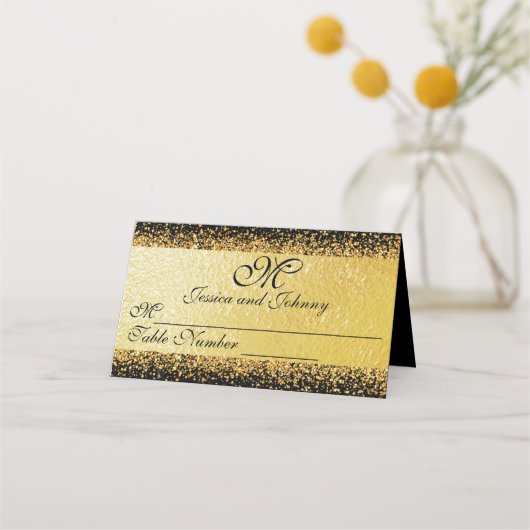 金エレガント箔紙吹雪オンブラック プレイスカード (正面)