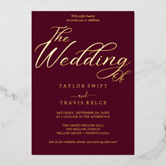 金エレガント箔 | バーガンディ結婚フレーム 箔招待状 (正面)