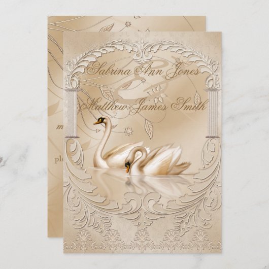 金エレガント結婚白鳥フォーマルの発表 招待状 (正面/裏面)