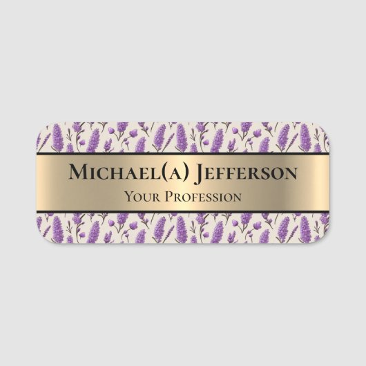 金エレガント色とラベンダーの花のパターン:紫 名札 (正面)