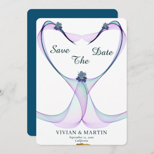 金エレガント色と紫のハートは日付を保存 招待状 (正面/裏面)