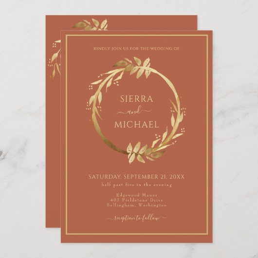 金エレガント色の葉テラコッタラスト結婚ズ 招待状 (正面/裏面)