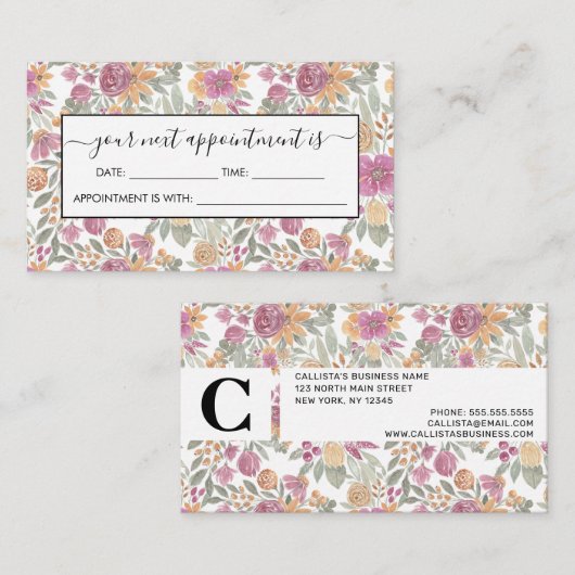 金エレガント色イエローピンクフローラ水色 予約カード (正面/裏面)