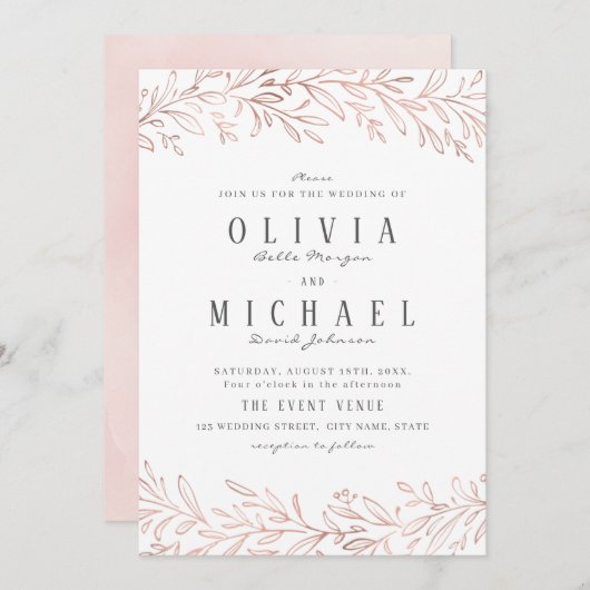 金エレガント金バラ金ゴールド植物性結婚フローラ 招待状 (正面/裏面)