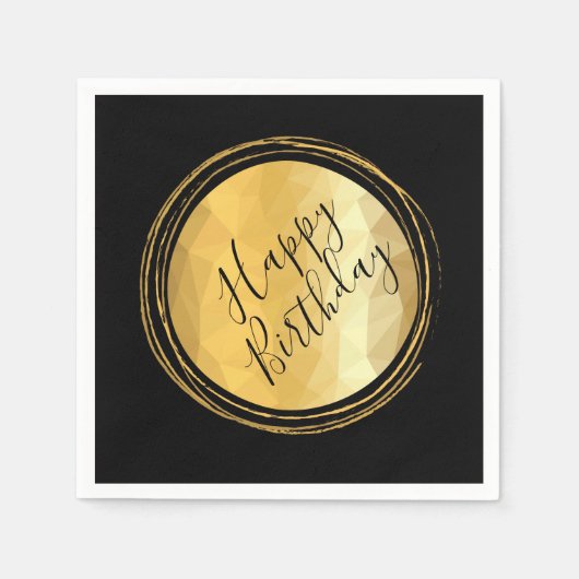 金エレガント金メタリックと黒ハッピーバースデー スタンダードカクテルナプキン (正面)