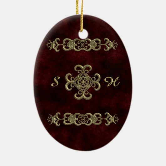 金オーナメントが付いている赤いビロード セラミックオーナメント (裏面)