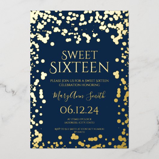 金ガーリーフェイク箔紙吹雪スイート16海軍  箔招待状 (正面)