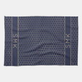 金ガーリー箔ネイビーブルージオメトリックモノグラム キッチンタオル (横)