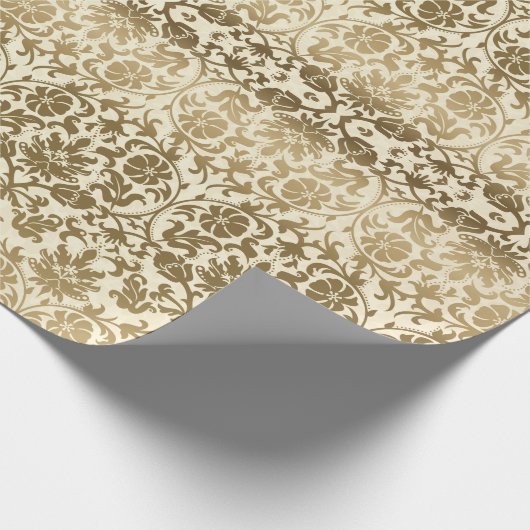 金クリーム色の花のダマスク織 ラッピングペーパー (角)