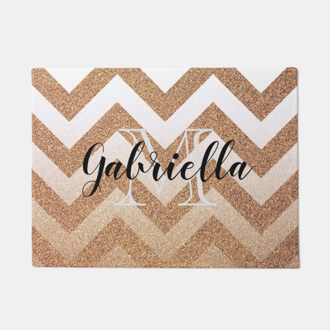 金グリッターのシェブロン ドアマット (正面)