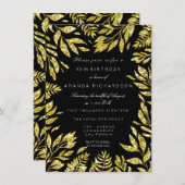 金グリッターは花フレームの黒の魅力Bithd葉が出ます 招待状 (正面/裏面)