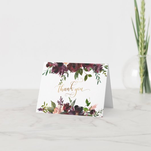 金ゴールドありがとうスクリプト、レッドブルゴーニュ&赤面フローラ サンキューカード (正面)