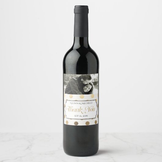 金ゴールドありがとうタイポグラフィフォトカスタムウェディング ワインラベル (正面)