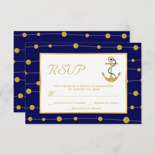 金ゴールドいかりとビーズネイビー航海の結婚ズ 出欠カード (正面/裏面)