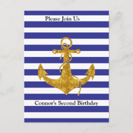 金ゴールドいかりとブルーストライプ誕生日 ポストカード