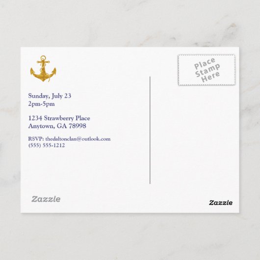 金ゴールドいかりオンブルーストライプパーティの招待状 ポストカード (裏面)