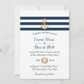 金ゴールドいかりネイビストライプー航海の結婚ズ 招待状 (正面)