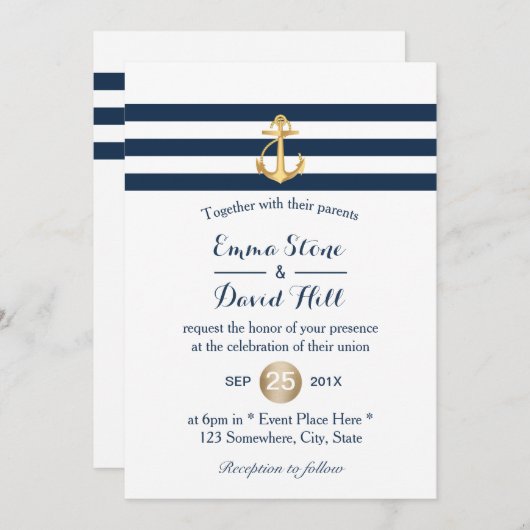 金ゴールドいかりネイビストライプー航海の結婚ズ 招待状 (正面/裏面)