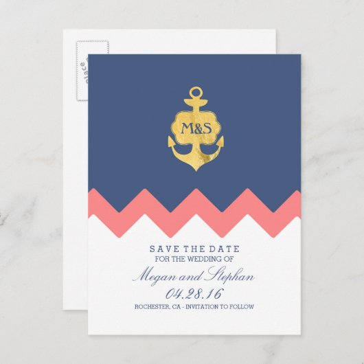 金ゴールドいかりネイビーコーラルシェブロン日付を保存 案内ポストカード (正面/裏面)